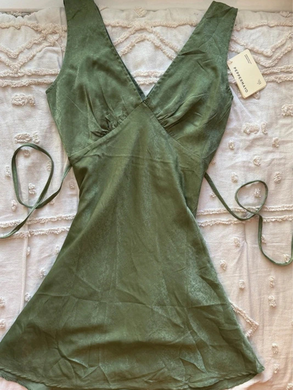 Peppermayo Sage Green Satin Wrap Tie Mini Dress Size 6 NWT